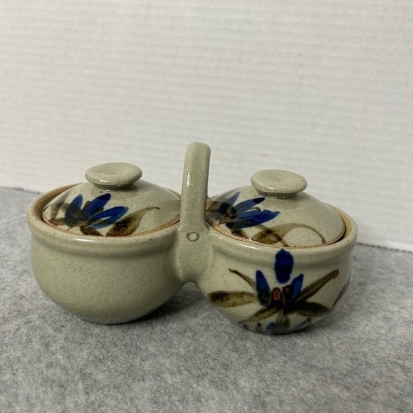 VTG Stoneware Duo Condiment Dish Blue Flowers 7x4"